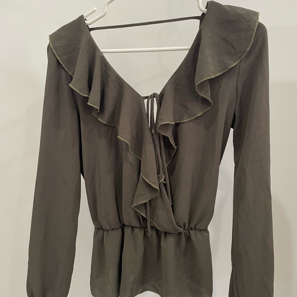 Chic Olive Green Ruffle Blouse